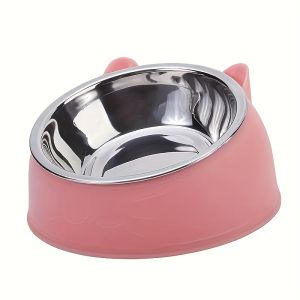 1pc Elevated Stainless Steel Cat Bowl Inclined Food & Water Dish with Cute Ear Stand Neck Protection Design for Cats