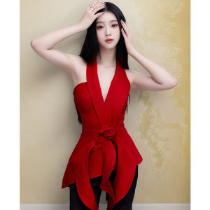 Elegant Stylish Red Floral Halter Neck Vest