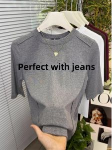 High Quality Slimming Ivory Fishbone Ice Silk 5/8 Sleeve T-Shirt