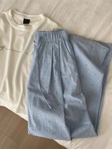 กางเกงขากว้างลายสก็อตสีรุ้งสำหรับผู้หญิง กางเกงขายาวทรงตรงลำลองสำหรับเดินเล่นในช่วงฤดูร้อนปี 2024 กางเกงขายาวทรงหลวมเอวสูง