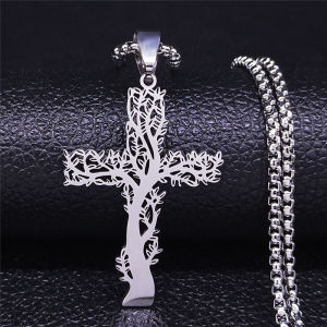 Stainless Steel Tree of Life Cross Pendant Necklace Silver Color Men Women Aesthetic Necklace Jewelry arbol de la vida N3018S02