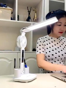 Table Lamp with Fan 2 Heads for Study Desk Lamp LED Table Light with Fan LED Clock Dispaly Reading Lamp with Pen Holder
