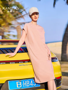 Kamilan French Style Vacation Dress Womens Loose Midi Short Sleeve A-Line Skirt Casual Pure Color Natural Waist Spring Summer New Arrival