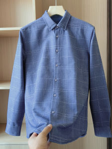 เสื้อเชิ้ตแขนยาวทรงหลวมสไตล์ลำลองสำหรับผู้ชาย ทรงหลวม ปกป้องจากลม อบอุ่น ลายสก็อต ฤดูใบไม้ร่วง/ฤดูหนาว เสื้อเชิ้ตคอป้าน