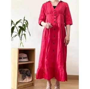 ●ECLAIRE● 063 Dress Midi Rami Ruffle Lengan 3per4 Vneck Basic Polos Dasar Korea Mode Kasual Casual 655