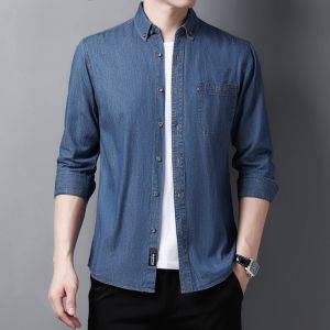 ROMON | Lormen Mens Long Sleeve Casual Cotton Denim Shirt Spring Autumn Style Iron Free Fashionable Workwear Jacket Youth Online Exclusive
