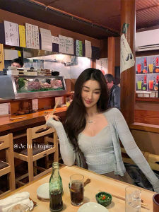 เสื้อคาร์ดิแกนเปิดคอวีสีน้ำเงิน ACHI สำหรับผู้หญิง ชุดสองชิ้น แขนยาว ทรงเข้ารูป ชุดเสื้อถักแบบเปิดหลัง ชุดทำงานฤดูร้อน