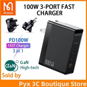 Mcdodo 100W GaN charger PD fast charging USB C 3 in 1 EU US UK plug wall charger QC 4.0 3.0 for Macbook Pro laptop tablet iPhone 12 13 14 15 fast charging USB charger Samsung S20 Xiaomi Huawei P40 Mate 40 Pro