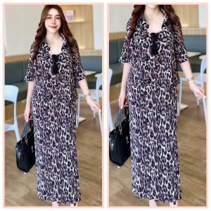 ชุดเซท 2 ชิ้น เสื้อคลุมและเดรสกระโปรง (4 สี) ผ้าอัดพีททรงสวยๆ เดรสอัดพลีท เดรสลายเสือ ชุดเดรสพร้อมเสื้อคลุมอัดพลีท