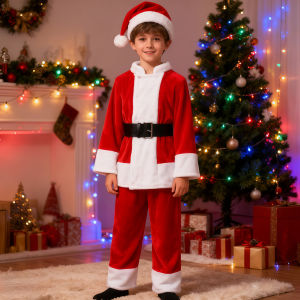 Kids Santa Claus Costume Boys Santa Suit Outfit Child Jacket Coat With Pants Hat For Christmas Halloween Cosplay Party Outfits
