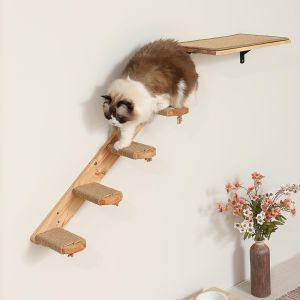 Lovinland Pet Cat Climbing Shelves Four Stair Shelf Wall Mounted Reversible Left & Right Direction Cat Stairway Shelf for Climbing with Sisal Rope Ladder Wall Pets Furniture