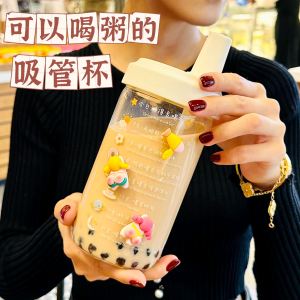 High Temperature Resistant Glass Water Cup for Women 2025 New Design Portable Large Diameter Straw Cup Student Home Use