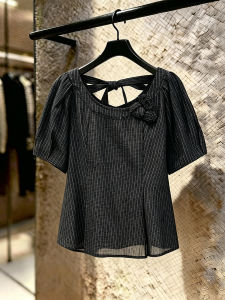 SHUAIYUE | Áo Blouse Nữ Kiểu Nơ Sau Dây Nơ Tay Bồng Họa Tiết Caro Form Rộng Giảm Cân