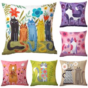 Nordic Cute Cartoon Animal Cat Rabbit PirntThrow Pillow Cover Printed Black Cat Floral Pattern Polyester Sofa Cushion Headboard Decor Car Bedroom Living Room