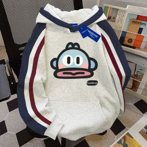 Cute American College Style Spliced Hoodie Womens Autumn Winter New Fun Clown Fish Cartoon Print Top Trendy Streetwear