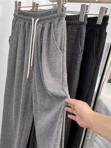 กางเกงขายาวทรงหลวมเอวสูงผ้าขนสัตว์สีเทาสำหรับผู้หญิงในฤดูใบไม้ร่วงและฤดูหนาว กางเกงขายาวทรงหลวมเอวสูงผ้าขนสัตว์สีเทาสำหรับผู้หญิงในฤดูใบไม้ร่วงและฤดูหนาว