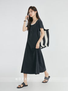 MoZao Black round Neck Short Sleeve Midi Dress Womens Loose Sensation Korean Style Cotton Blend A-Line Skirt Summer Dress
