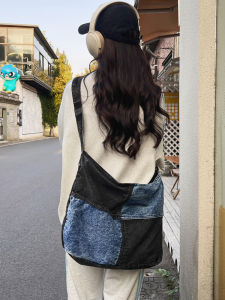Retro Denim Crossbody Bag with Single Shoulder for Women Student-Friendly Canvas Backpack with Color Block Pattern