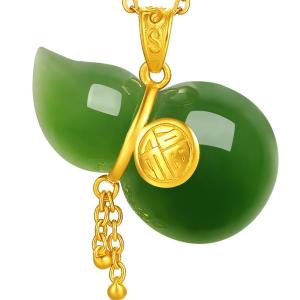 Gift Valentine Gourd Design Gold and Jade Pendant Necklace