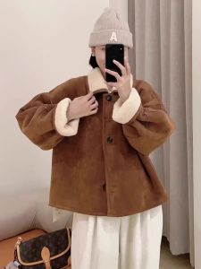 Womens Double-Sided Wear Lamb Fur Jacket Thickened Suede Winter Coat Short Style Button Clasp Long Sleeve Commute Fashion