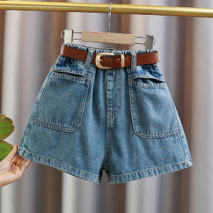 กางเกงขาสั้นยีนส์เด็กผู้หญิงฤดูร้อน ทรงเข้ารูป ทรงสามส่วน กางเกงขายาวสำหรับเด็กวัยกลางคนและโต กางเกงขายาวทรงเข้ารูป