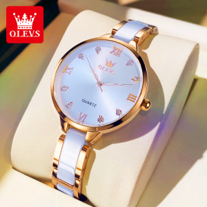 OLEVS Women's Quartz Simple Dress White And Rose Gold Watch Ceramic Ultra Thin Ceramic Dress Women Watch Luxury Rose Gold Ladies Stainless Steel Watch