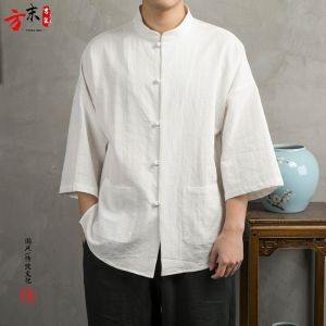 ฤดูใบไม้ผลิ ฤดูร้อน ผู้ชาย ผ้าฝ้าย ผ้าลินิน เสื้อเชิ้ต แขนสามส่วน กระดุมสไตล์จีน หลวม พอดีสบาย ระบายอากาศได้ดี ลำลอง สวมใส่