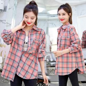 Áo Sơ Mi Kẻ Caro Nữ Dáng Rộng Tay Dài Mùa Xuân Thu Phong Cách Hàn Quốc Cổ Polo Nút Nhiều Kiểu Dáng Thường Ngày Chất Liệu Lụa