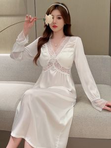 French Romantic Ultra-Long Ice Silk Sleepwear Womens Long Sleeve Lace Sweet Style Nightgown with Chest Pad Spring Autumn