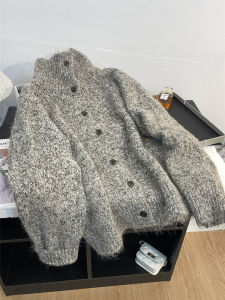 Retro Mixed Floral Knit Half High Collar Loose Womens Sweater Coat Autumn Winter Thickened Single Button Stand Collar Cardigan