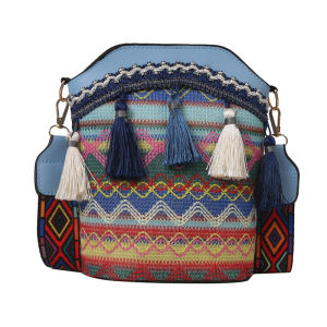 กระเป๋าถือทรงถังสะพายข้างแบบลำลองสำหรับผู้หญิง กระเป๋าสะพายไหล่ข้างเดียวสไตล์ชาติพันธุ์ กระเป๋าถือแบบสะพายข้างแบบมีสายรัดกว้าง