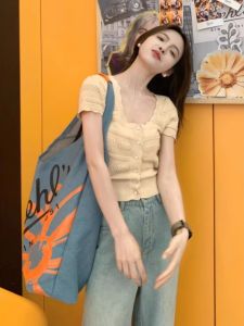 Apricot Ice Silk Big Neckline U Collar Knitting Short Sleeve T-Shirt Womens Summer Sweet Spicy Small Thin Silm Shoulder Tops