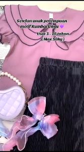 Setelan Anak Perempuan Motif Rumbai Ungu & Cream + Rok Plisket Hitam