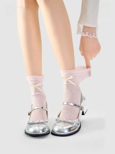 HAPPYLEMON | Summer Thin Ballet Style Womens Socks With Butterfly Knot Mid-Calf Long Miu Stackable Cotton Blend Moisture Wicking Socks