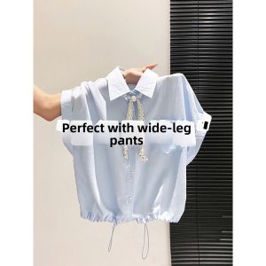 V.C.I | Dotted Ribbon Short Sleeve Collar Shirt Loose and Slim Fit Waist-Cinching Short Top