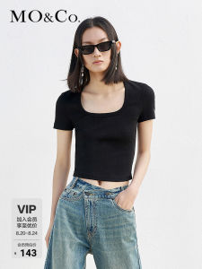 MOCO Summer Short Sleeve Knitted Square Collar T-Shirt Womens Slim Fit Decorative U-Neck Top Street Style Regular Length