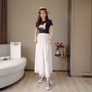 Casual Chiffon Wide Leg Pants Big Size Loose pants Solid White Elastic High Waist Pants Female Oversize Trousers