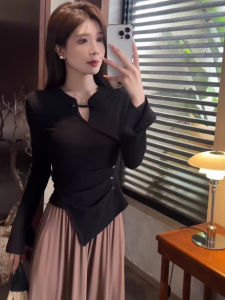 Elegant Chinese Style T-Shirt Womens Autumn Winter New Style Asymmetric Slim Fit Waist Cinching Base Shirt Beautiful Top
