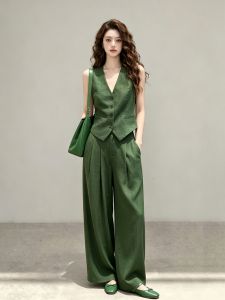 Elegant and Luxurious Green Linen Vest and Pants Suit