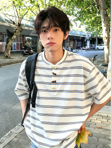 OUMULONG | Stripe Design Summer T-shirt Five-quarter Sleeves