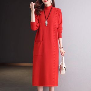 Autumn Winter Long over Knee Cashmere Sweater Women Solid Color Knit Dress Half High Collar Long Sleeve Casual Commute Style