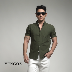 VENGOZ Kemeja Oxford Pria Lengan Pendek Slim Fit - Hunter Green