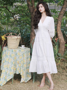 Ethmmia Summer White Puffy Sleeve V-Neck Dress Womens Beach Vacation Fairy Long Dress Cotton Polyester High Waist A-Line Skirt