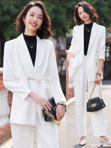 Elegant White Suit Set for Women Casual High Waist Coat Beautiful Fashionable Spring Autumn Polyester Long Sleeve Loose Fit