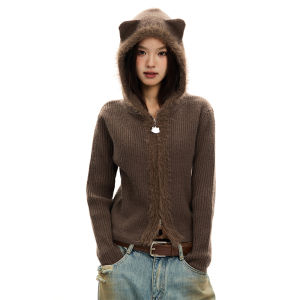 Apea | Retro Cute Hemmed Patchwork Hooded Short Knit Cardigan