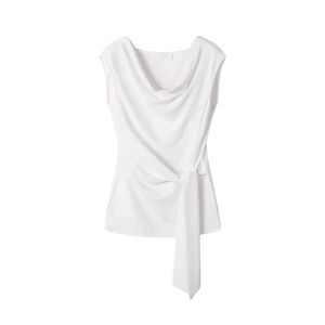 YUEZHONGWEI | Áo thun nữ tay ngắn hở vai kiểu Pháp không đều mùa hè bó eo thắt nơ màu trắng thiết kế không đối xứng thường ngày