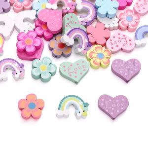 5Pcs Colorful Wooden Flower Beads Rainbow Love Heart Wood Beads Charms For Jewelry Making DIY Bracelet Earrings Xmas Gifts Accessories
