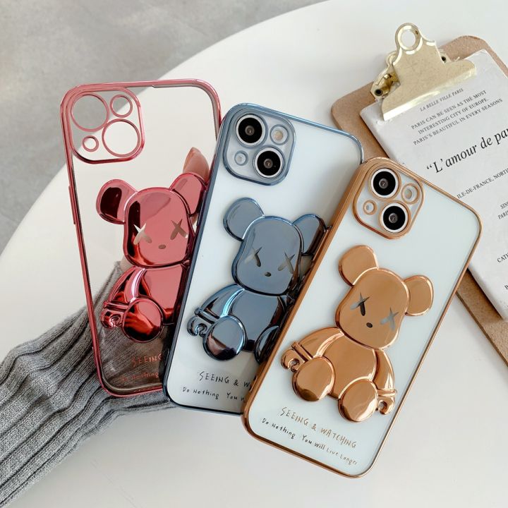 Ốp iphone Bearbrick 3D - Viền nổi bảo vệ Camera - Họa tiết gấu nổi - Ốp trong suốt viền tráng gương IP44