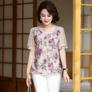 Áo Thun Tay Ngắn Thời Trang Cho Phụ Nữ Trung Niên Và Cao Tuổi Phong Cách Dân Tộc Mùa Hè 2024 Áo Thun Cổ Tròn Thường Ngày