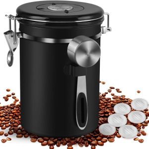 Coffee Canister Airtight 16OZ Coffee Container Stainless Steel Coffee Bean Storage Container with Scoop for Beans Black